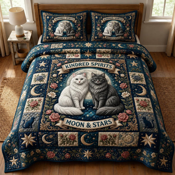 Cat Lovers quilted 3-piece bedding set on a made bed with two matching pillow shams