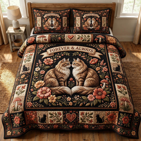 Cat Lovers quilted 3-piece bedding set on a made bed with two matching pillow shams