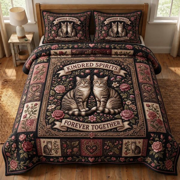 Cat Lovers quilted 3-piece bedding set on a made bed with two matching pillow shams