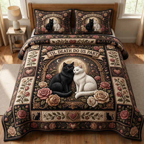 Cat Lovers quilted 3-piece bedding set on a made bed with two matching pillow shams