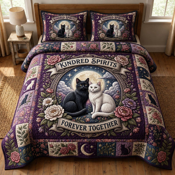 Cat Lovers quilted 3-piece bedding set on a made bed with two matching pillow shams