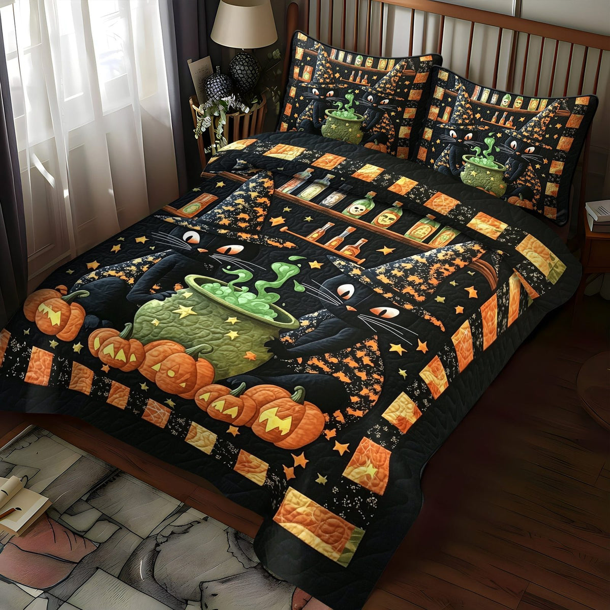 Cat Magic Potion quilted 3-piece bedding set on a made bed against a dark styled interior