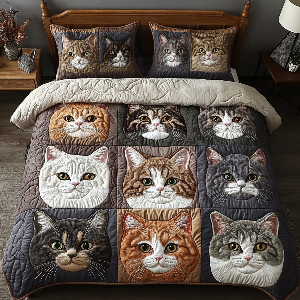 Cat Nap Bliss quilted 3-piece bedding set on a made bed with two matching pillow shams