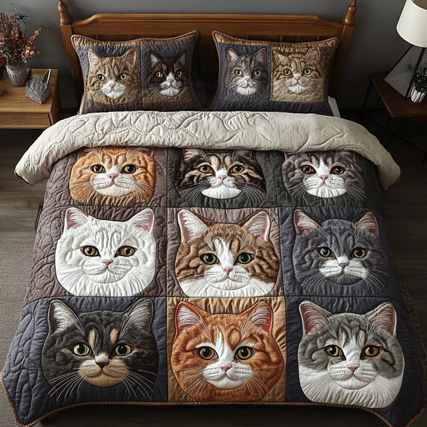 Cat Nap Bliss quilted 3-piece bedding set on a made bed with two matching pillow shams