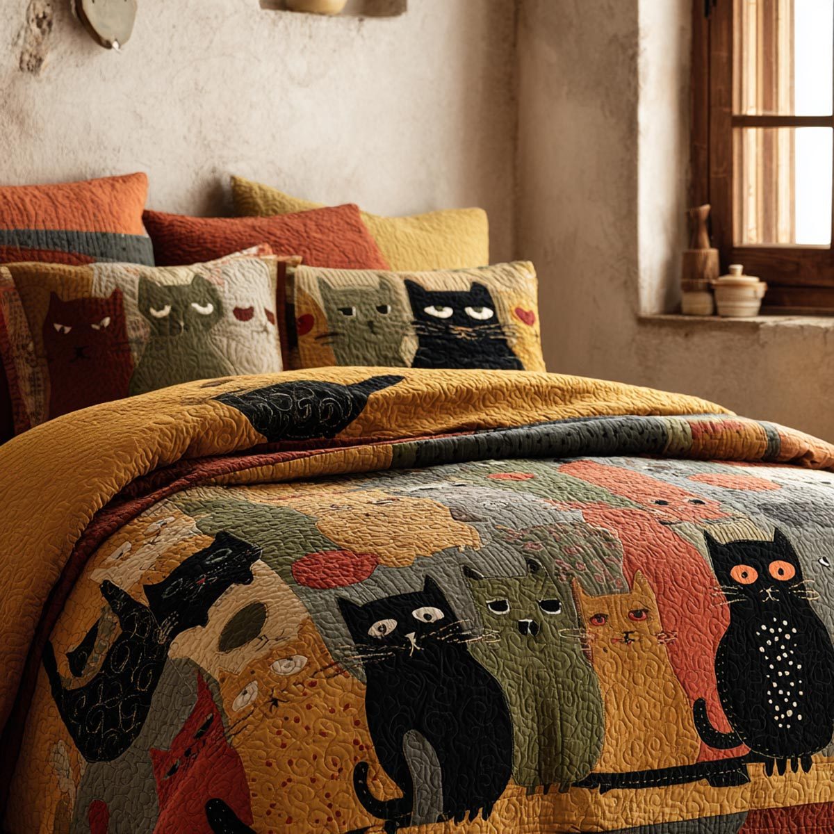 Cat Parade quilted 3-piece bedding set on a made bed with two matching pillow shams