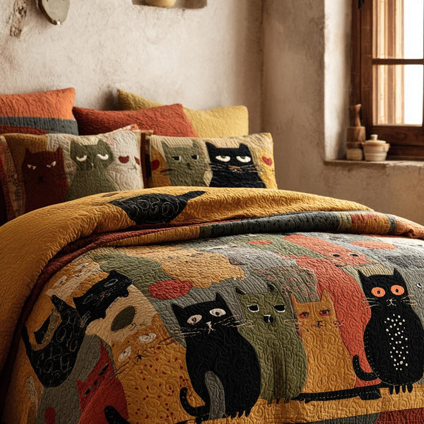 Cat Parade quilted 3-piece bedding set on a made bed with two matching pillow shams