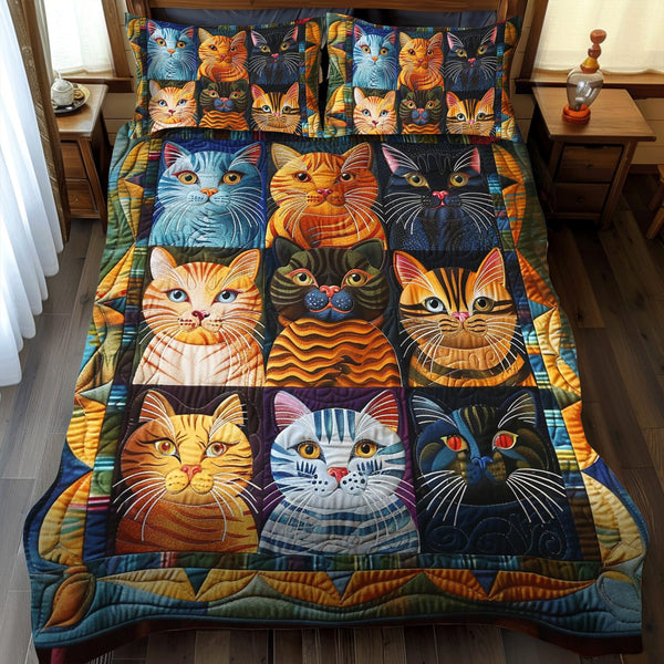 Cat Parade quilted 3-piece bedding set on a made bed with two matching pillow shams