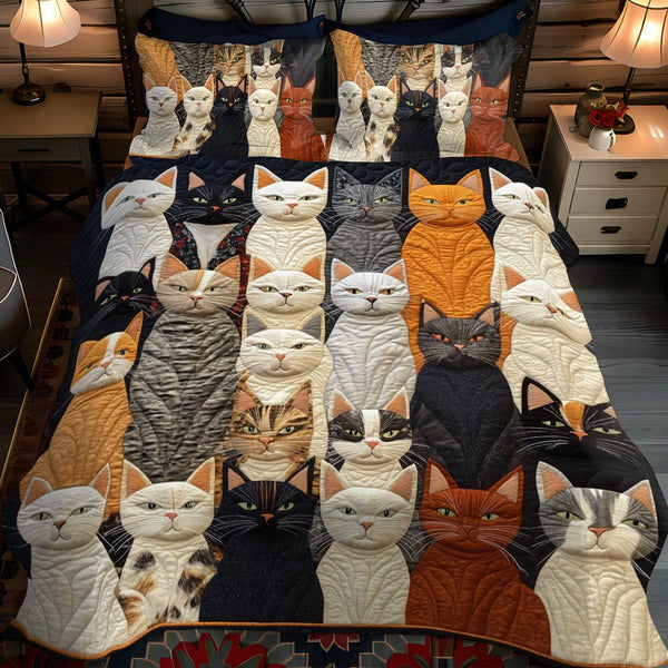 Cat Parade quilted 3-piece bedding set on a made bed with two matching pillow shams