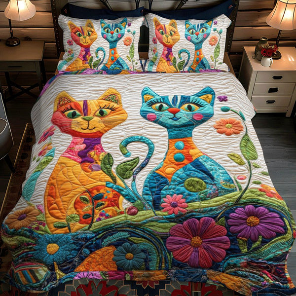 Cat Parade quilted 3-piece bedding set on a made bed with two matching pillow shams