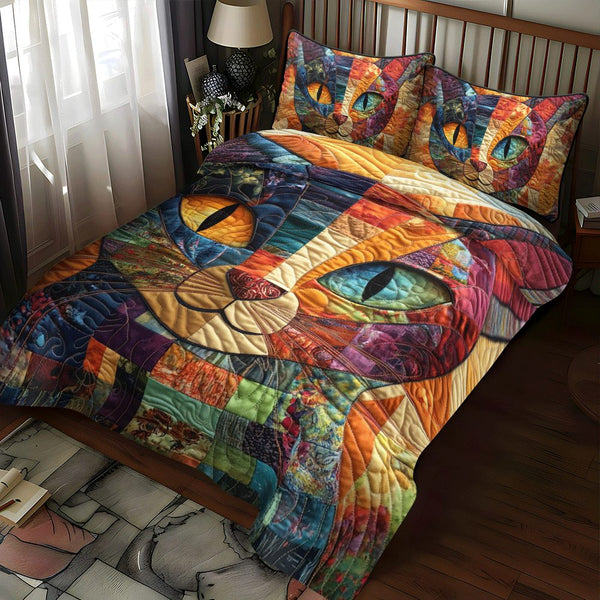 Cat Parade quilted 3-piece bedding set on a made bed with two matching pillow shams