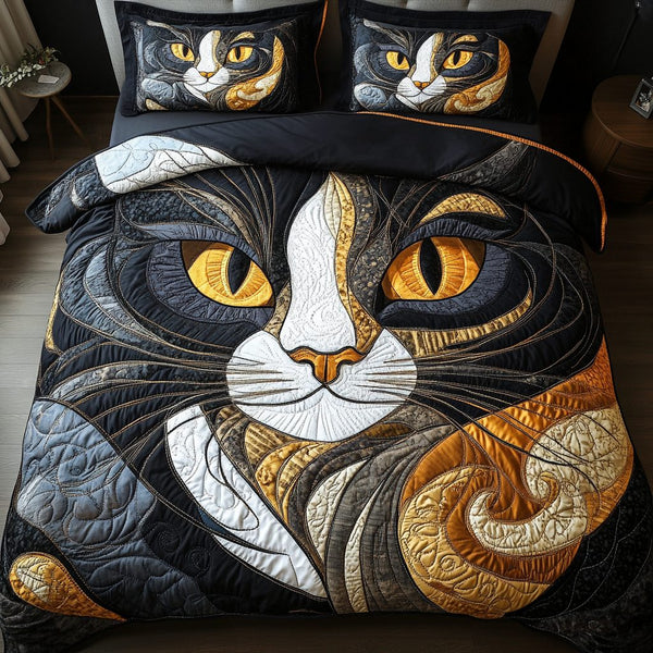 Cat Paws quilted 3-piece bedding set on a made bed with two matching pillow shams