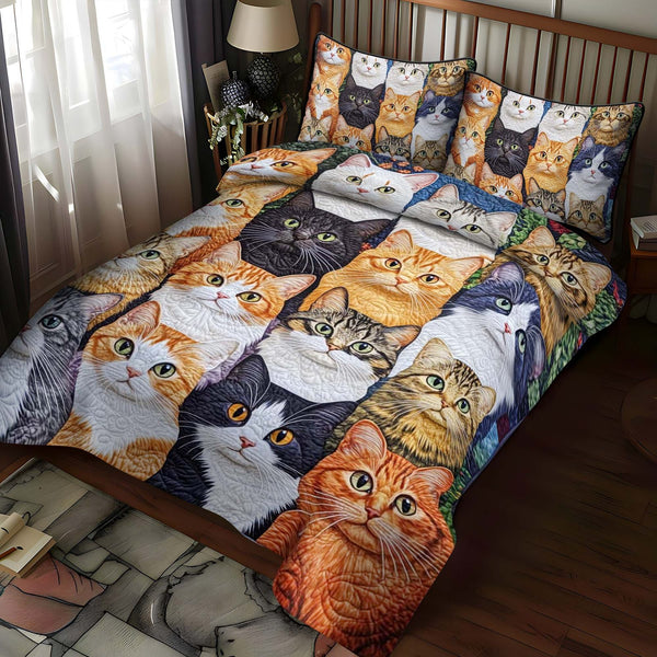 Cat Portraits quilted 3-piece bedding set on a made bed with two matching pillow shams