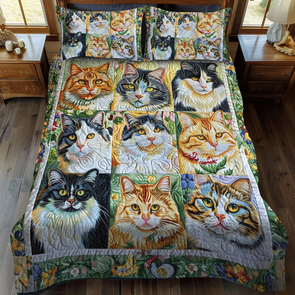 Cat Portraits quilted 3-piece bedding set on a made bed with two matching pillow shams