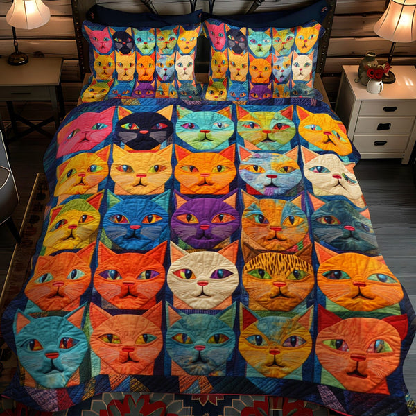 Cat Portraits quilted 3-piece bedding set on a made bed with two matching pillow shams