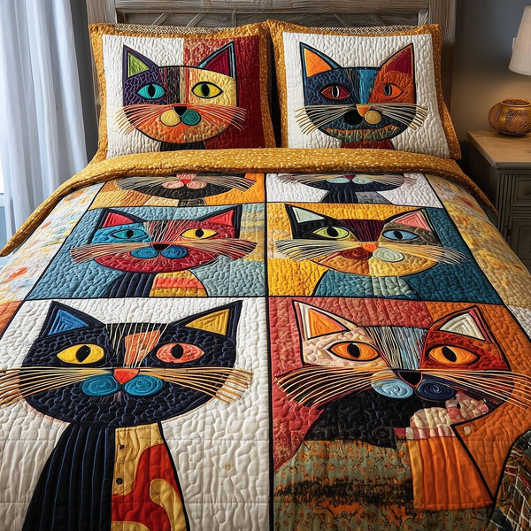 Cat quilted 3-piece bedding set on a made bed with two matching pillow shams