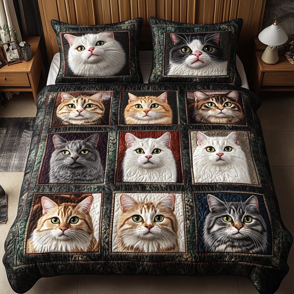 Cat Tales quilted 3-piece bedding set on a made bed with two matching pillow shams