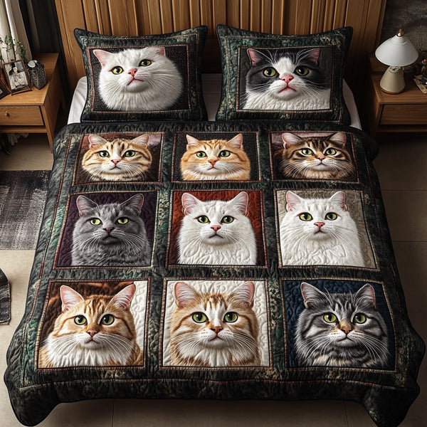 Cat Tales quilted 3-piece bedding set on a made bed with two matching pillow shams