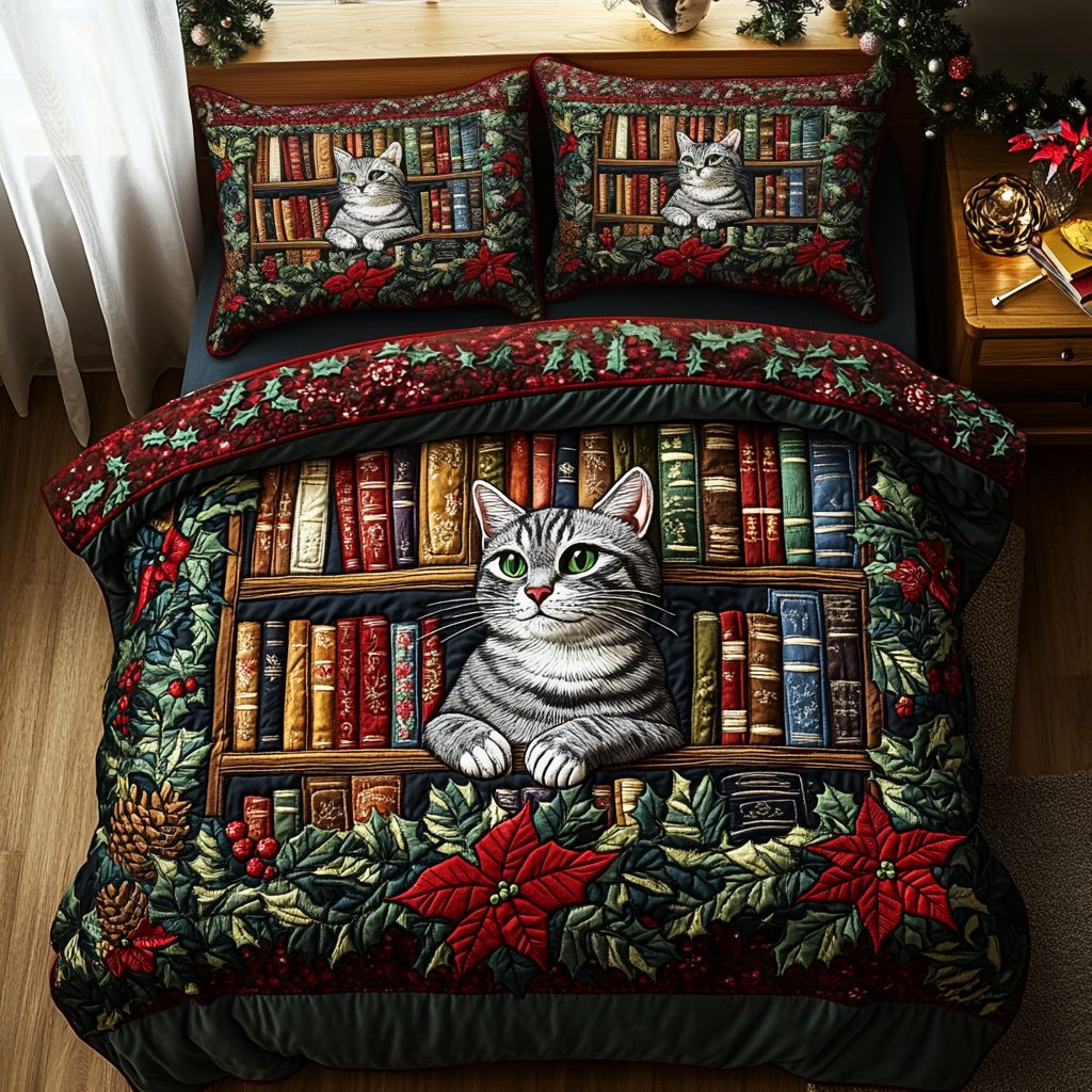 Cat the Storyteller quilted 3-piece bedding set on a made bed with two matching pillow shams