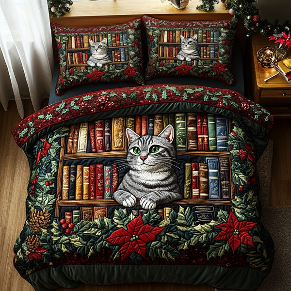 Cat the Storyteller quilted 3-piece bedding set on a made bed with two matching pillow shams