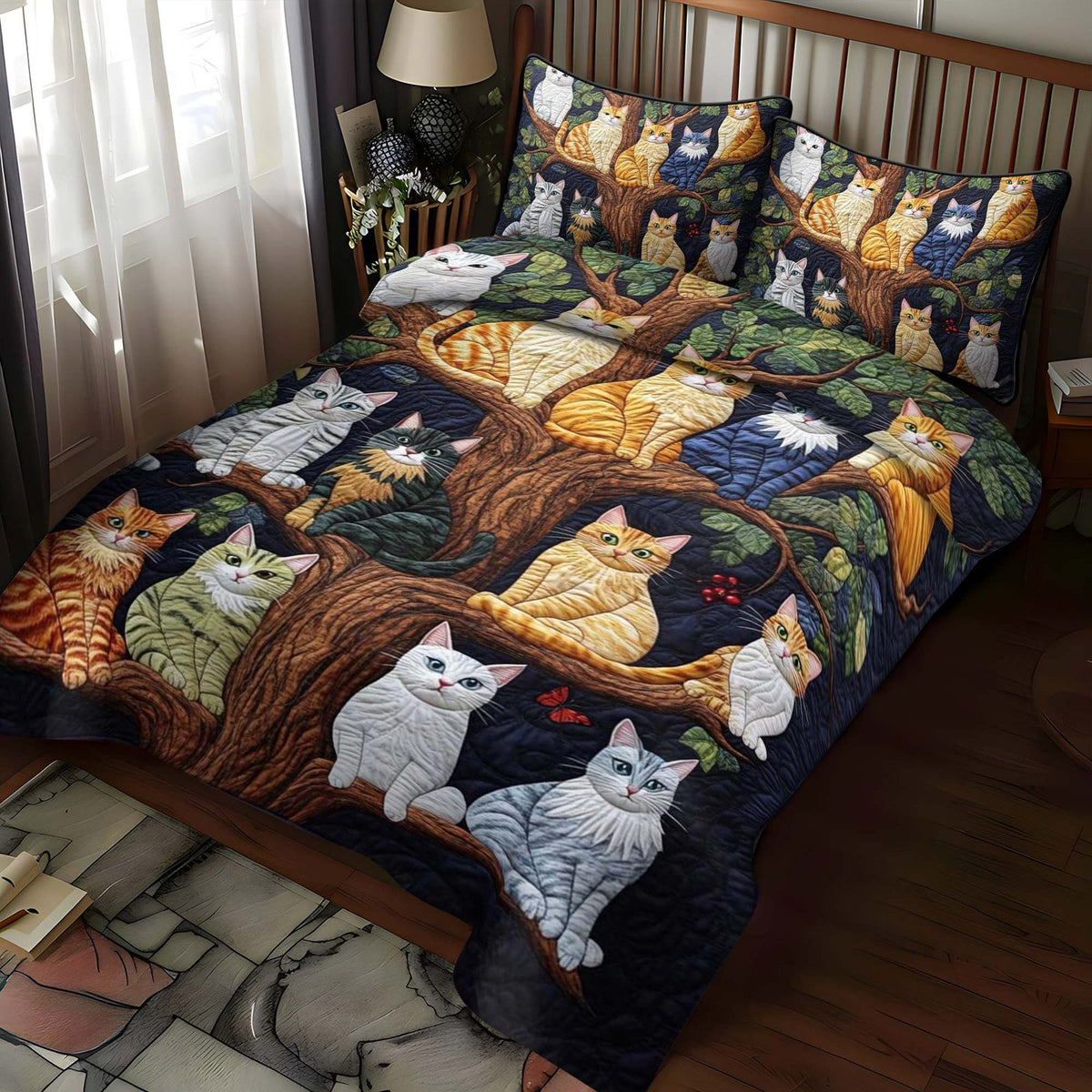 Cat Tree quilted 3-piece bedding set on a made bed with two matching pillow shams