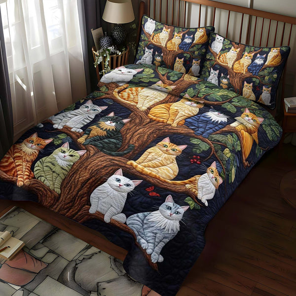 Cat Tree quilted 3-piece bedding set on a made bed with two matching pillow shams