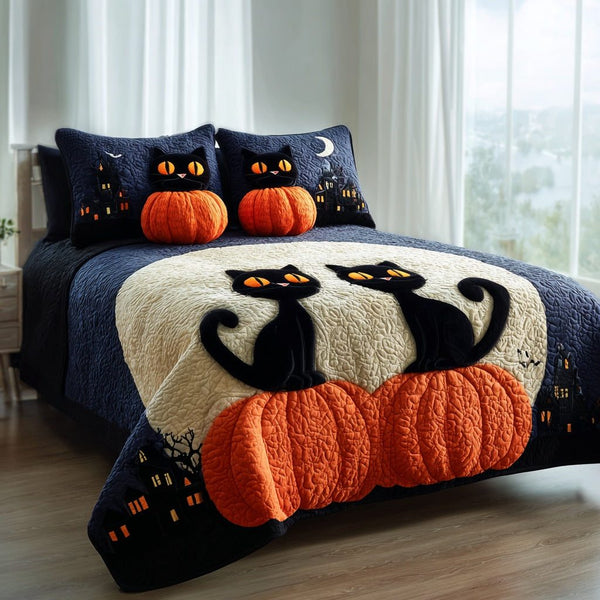 Cat Walk Path quilted 3-piece bedding set on a made bed with two matching pillow shams