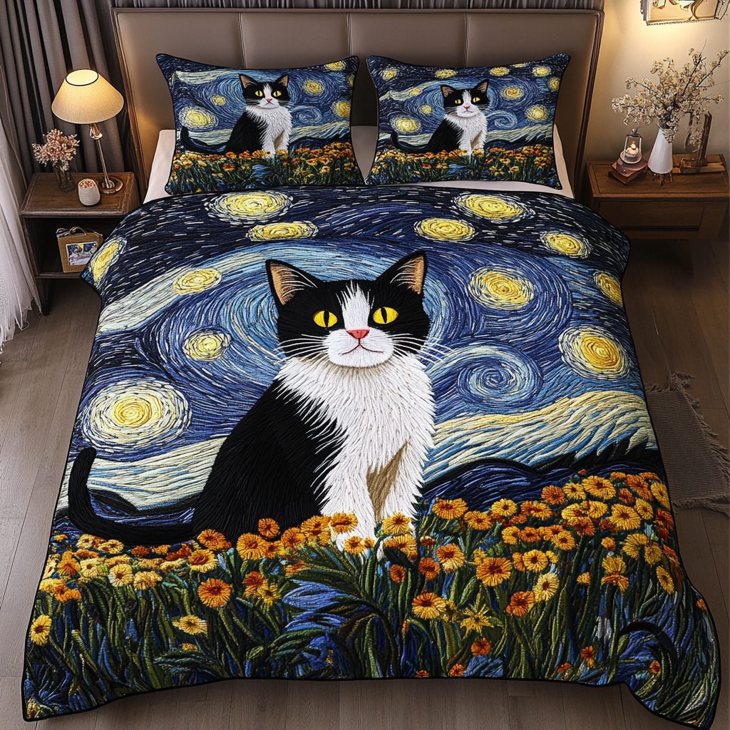 Cat Whimsy quilted 3-piece bedding set on a made bed with two matching pillow shams