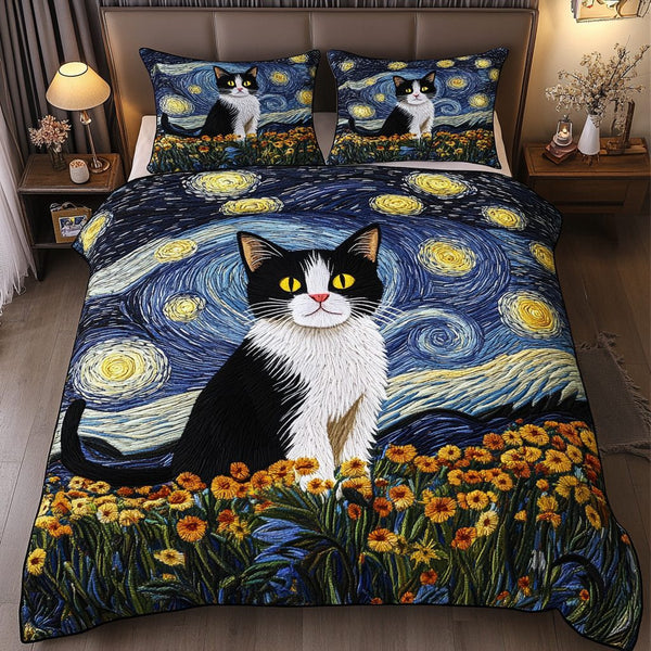 Cat Whimsy quilted 3-piece bedding set on a made bed with two matching pillow shams