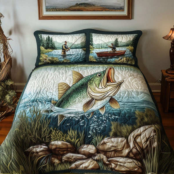 Catch and Relax quilted 3-piece bedding set on a made bed with two matching pillow shams