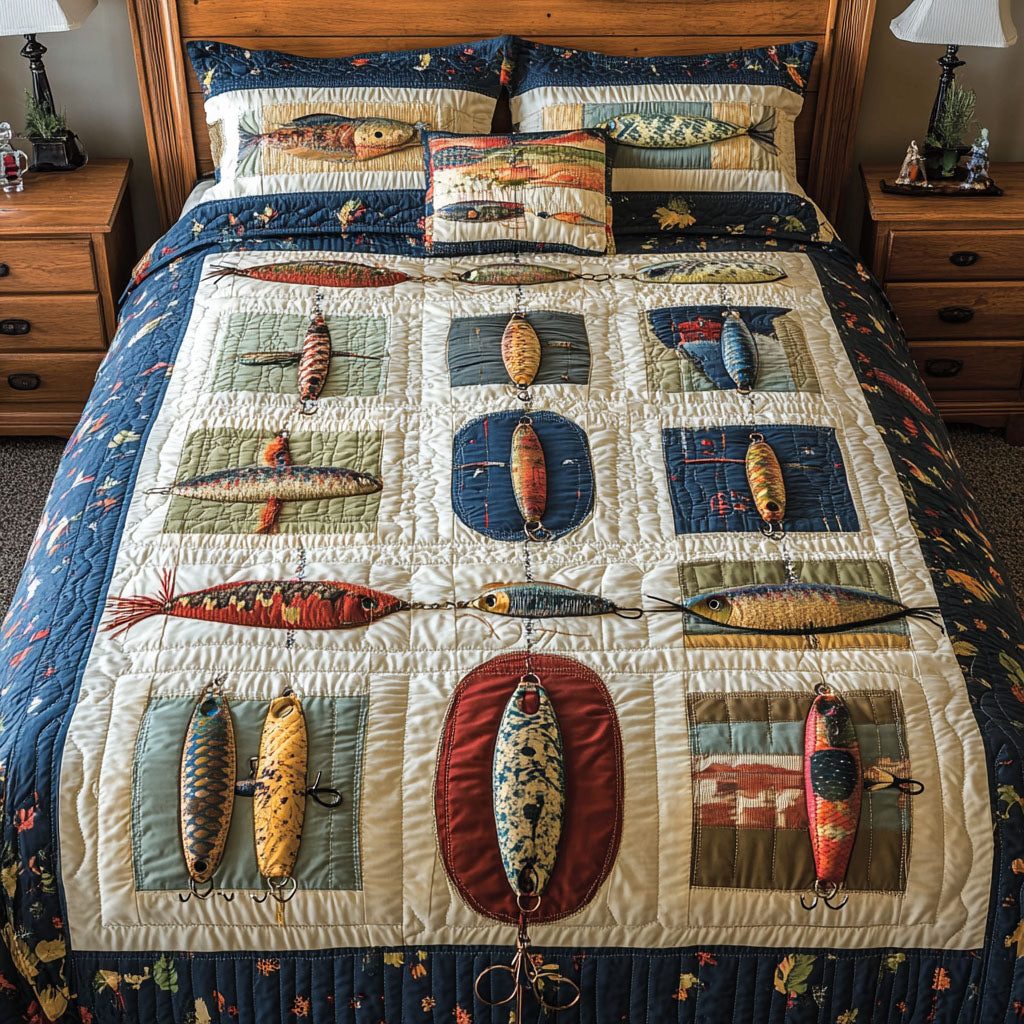 Catch and Snooze quilted 3-piece bedding set on a made bed with two matching pillow shams