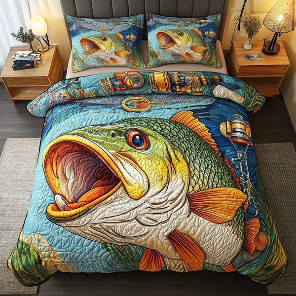 Catch Drift quilted 3-piece bedding set on a made bed with two matching pillow shams
