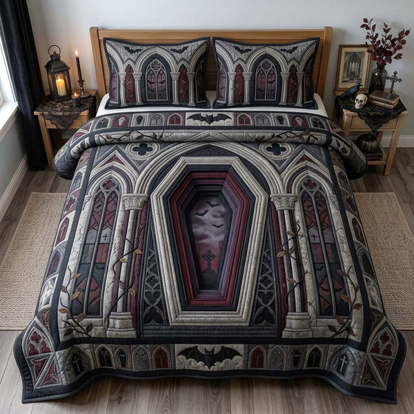 Cathedral Coffin Gate quilted 3-piece bedding set on a made bed with two matching pillow shams
