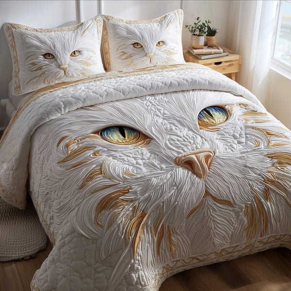 Catitude quilted 3-piece bedding set on a made bed with two matching pillow shams