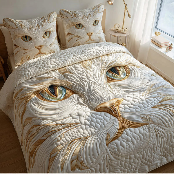 Catitude quilted 3-piece bedding set on a made bed with two matching pillow shams