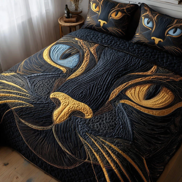 Catitude quilted 3-piece bedding set on a made bed with two matching pillow shams