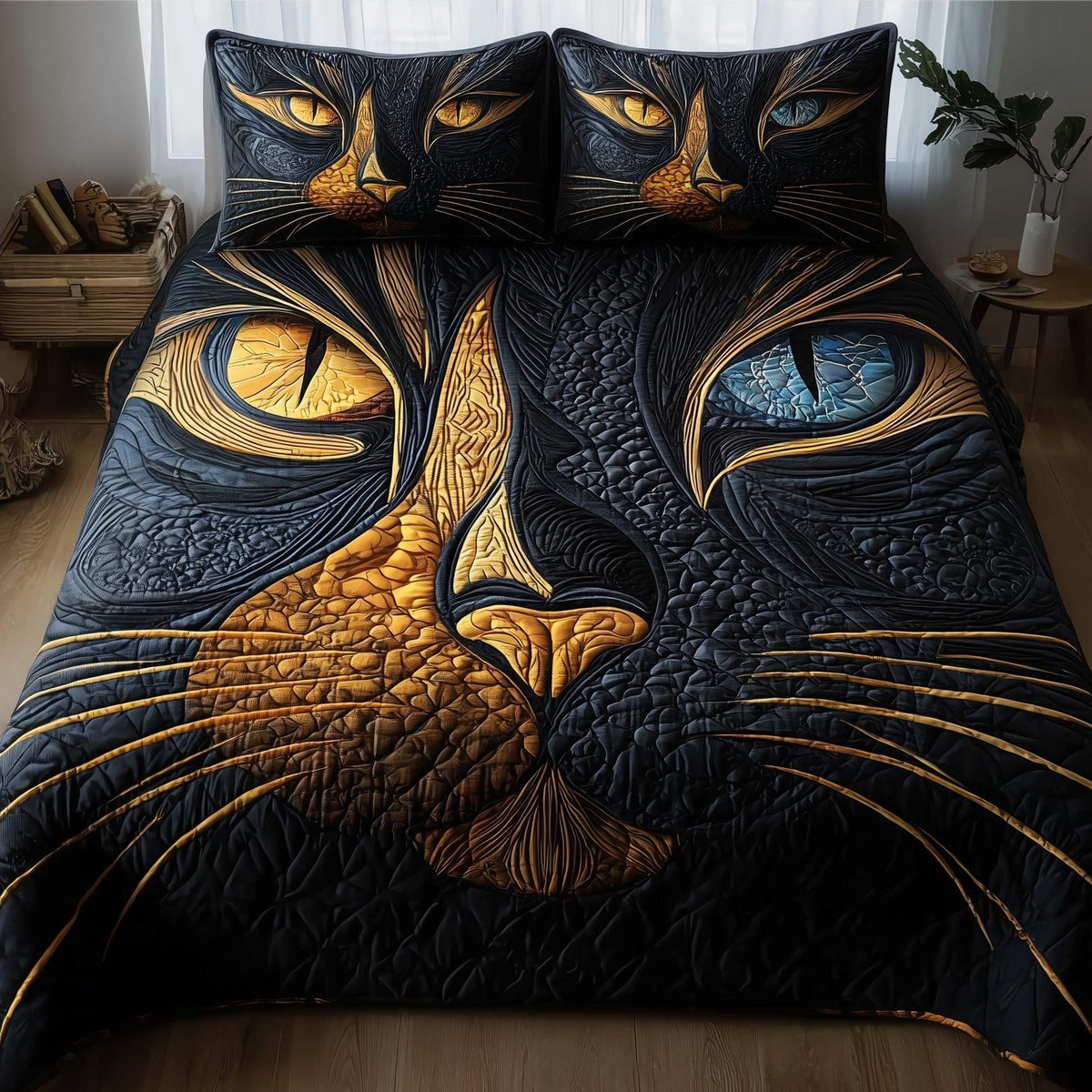 Catitude quilted 3-piece bedding set on a made bed with two matching pillow shams