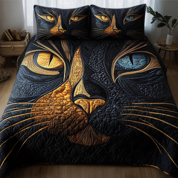 Catitude quilted 3-piece bedding set on a made bed with two matching pillow shams