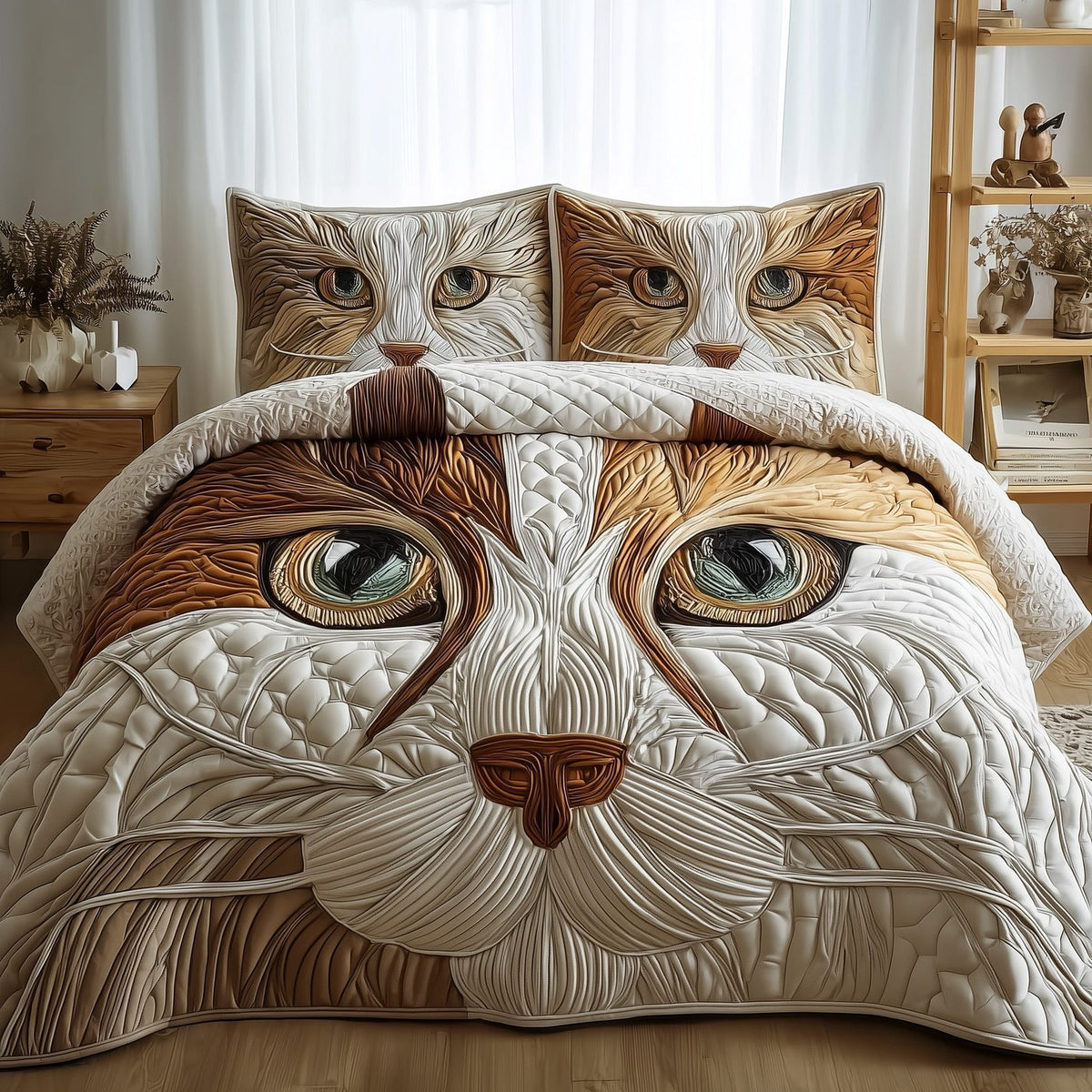 Catitude quilted 3-piece bedding set on a made bed with two matching pillow shams