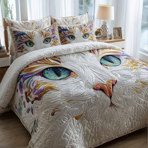 Catitude quilted 3-piece bedding set on a made bed with two matching pillow shams
