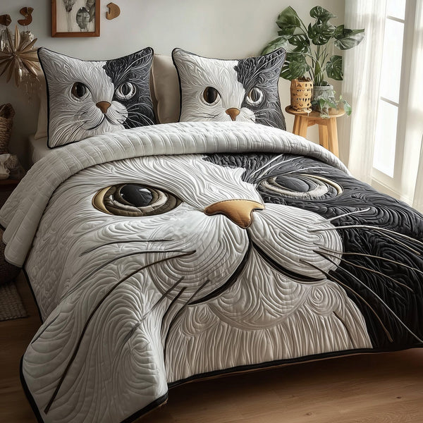 Catitude quilted 3-piece bedding set on a made bed with two matching pillow shams