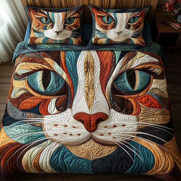 Catitude quilted 3-piece bedding set on a made bed with two matching pillow shams