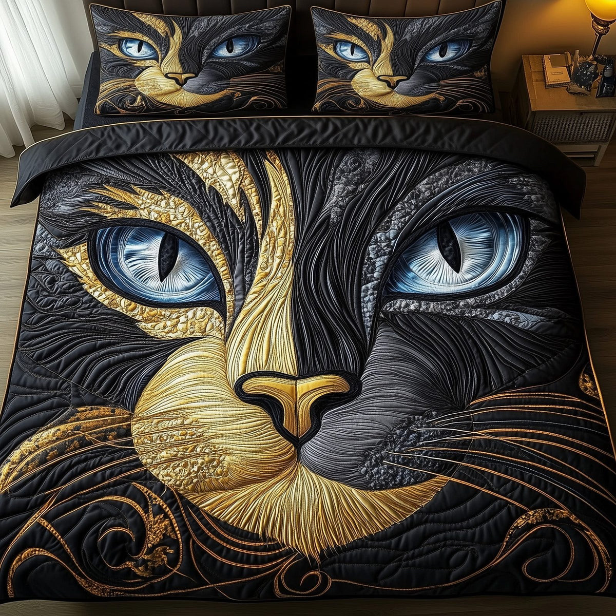 Catitude quilted 3-piece bedding set on a made bed with two matching pillow shams