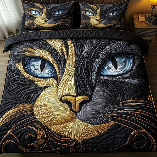 Catitude quilted 3-piece bedding set on a made bed with two matching pillow shams