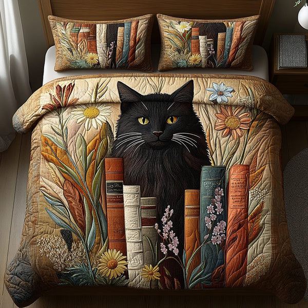 Catnap Chapter quilted 3-piece bedding set on a made bed with two matching pillow shams