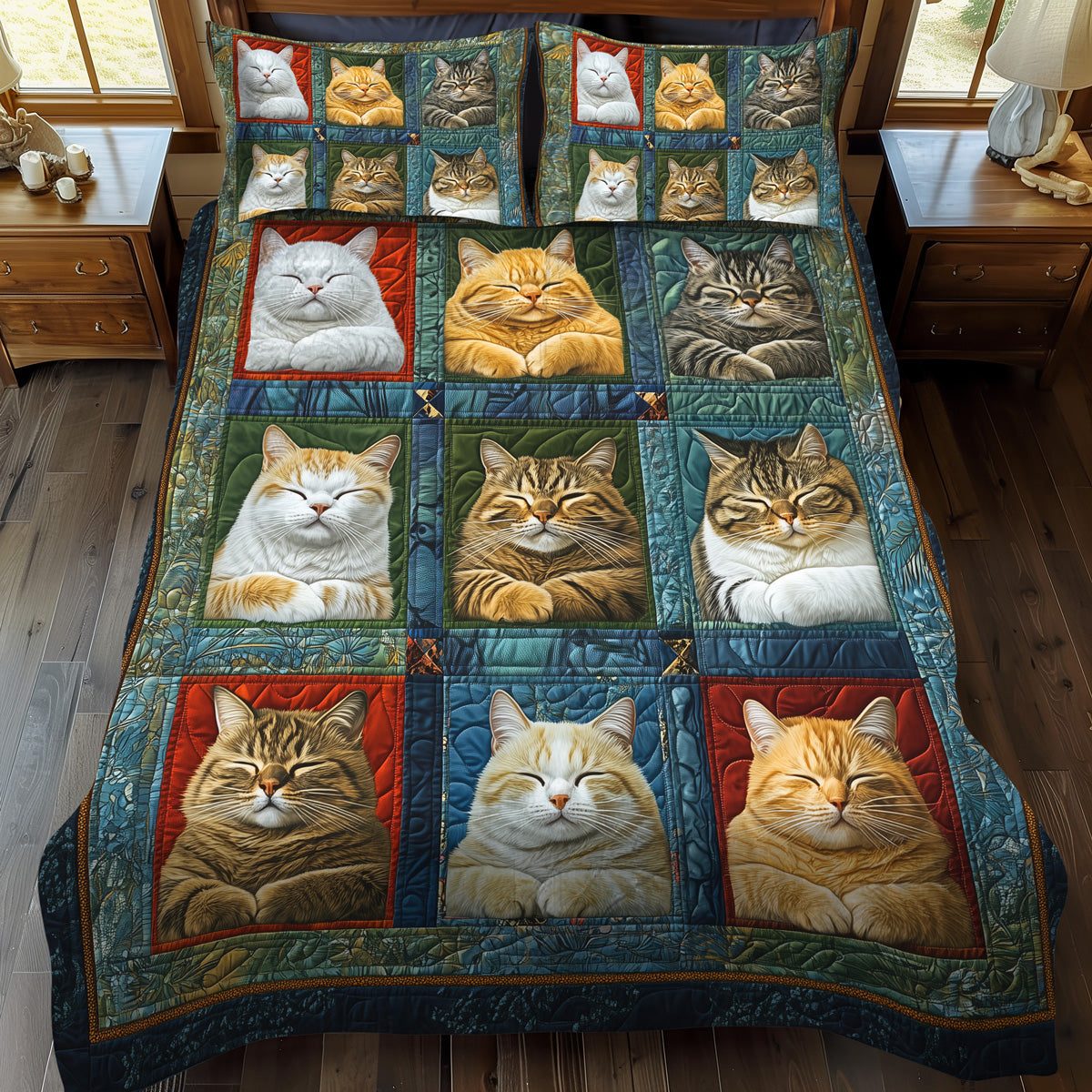 Catnap Comfort quilted 3-piece bedding set on a made bed with two matching pillow shams