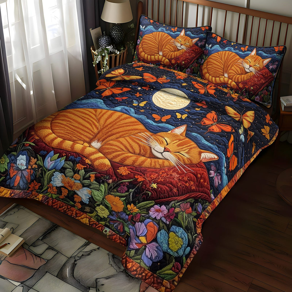 Catnap Haven quilted 3-piece bedding set on a made bed with two matching pillow shams