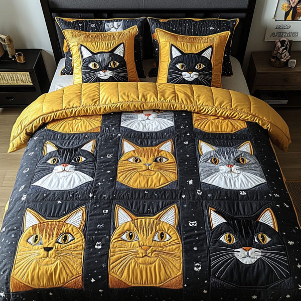 Catnap Haven quilted 3-piece bedding set on a made bed with two matching pillow shams