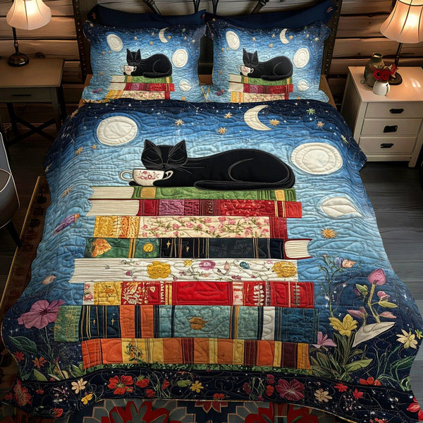 Catnap On Books quilted 3-piece bedding set on a made bed with two matching pillow shams