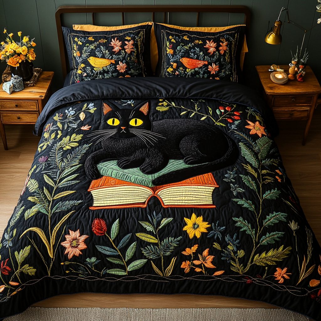 Catnap Stories quilted 3-piece bedding set on a made bed with two matching pillow shams