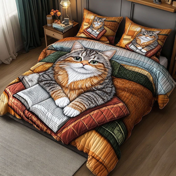 Catnip Chronicles quilted 3-piece bedding set on a made bed with two matching pillow shams